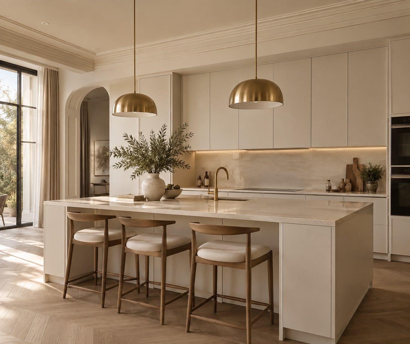 Cocina abierta con isla, taburetes y luz natural