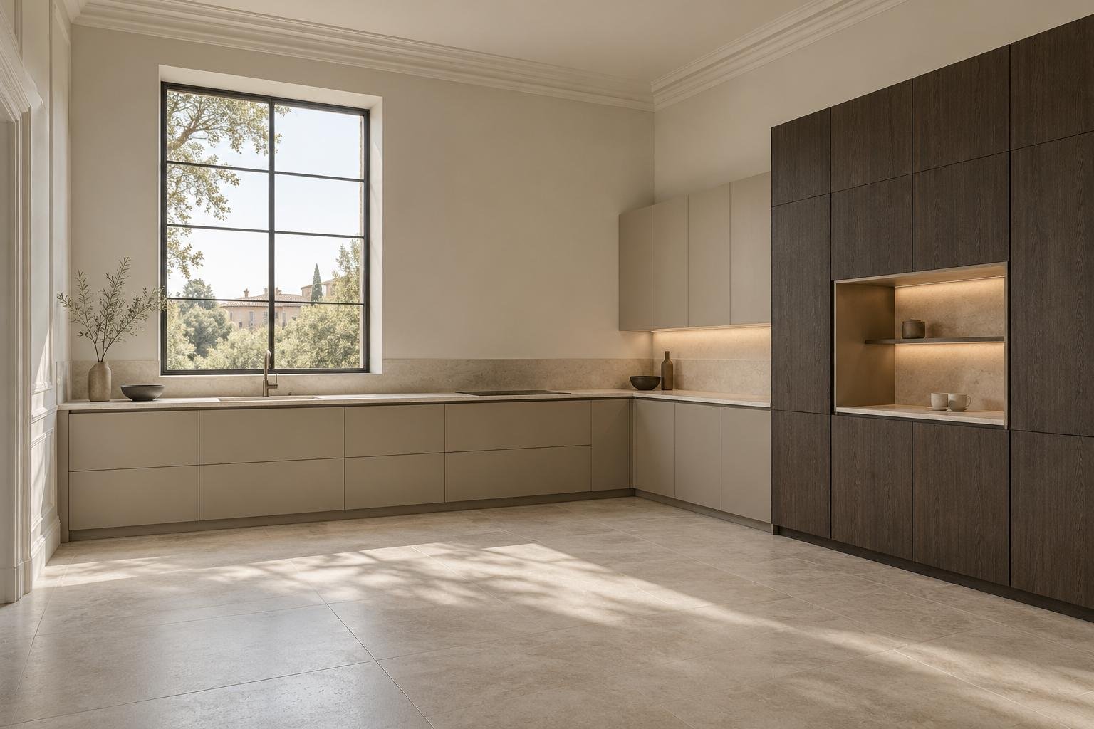 Cocina en L con encimera continua y hornacina iluminada