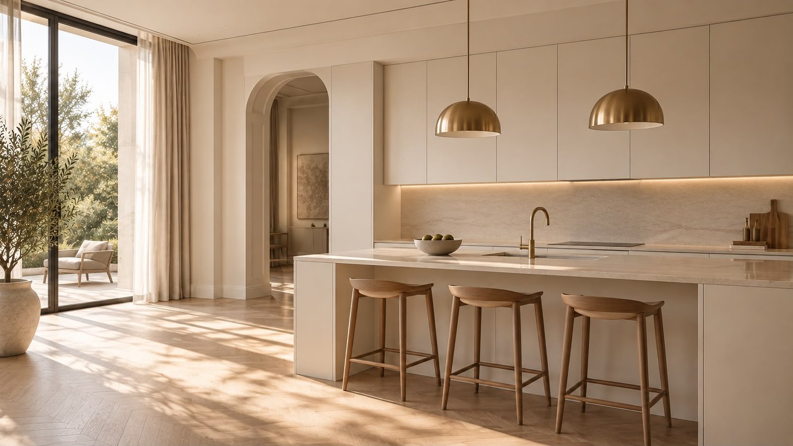 Cocina luminosa con isla central integrada en el espacio de la vivienda