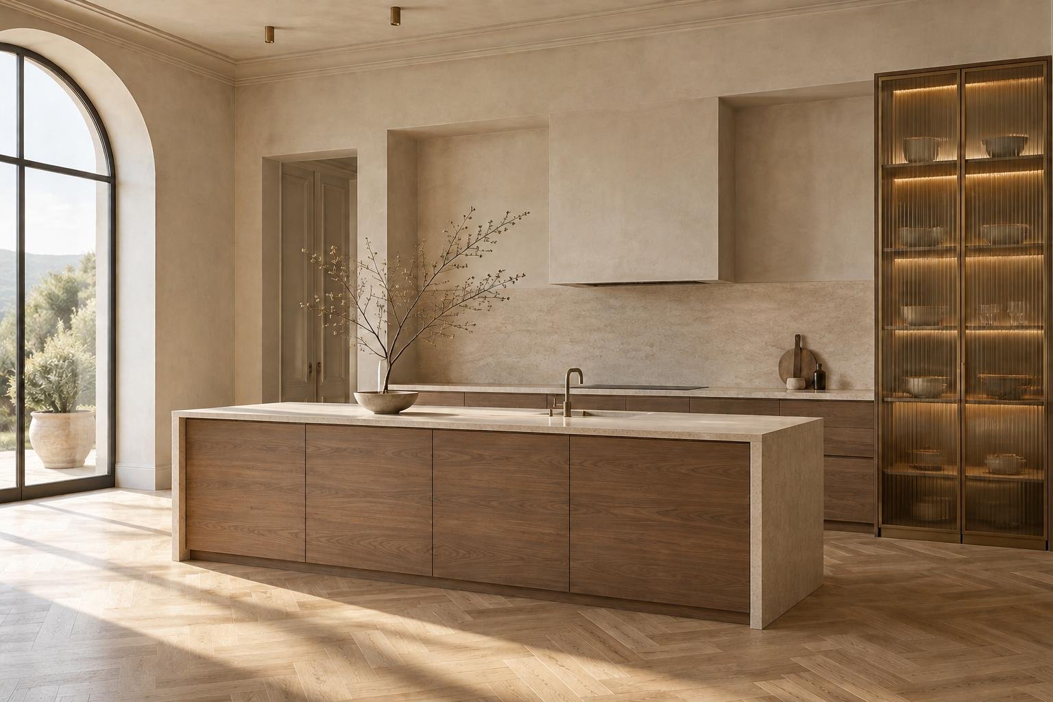 Cocina de líneas serenas con isla de madera y gran ventanal