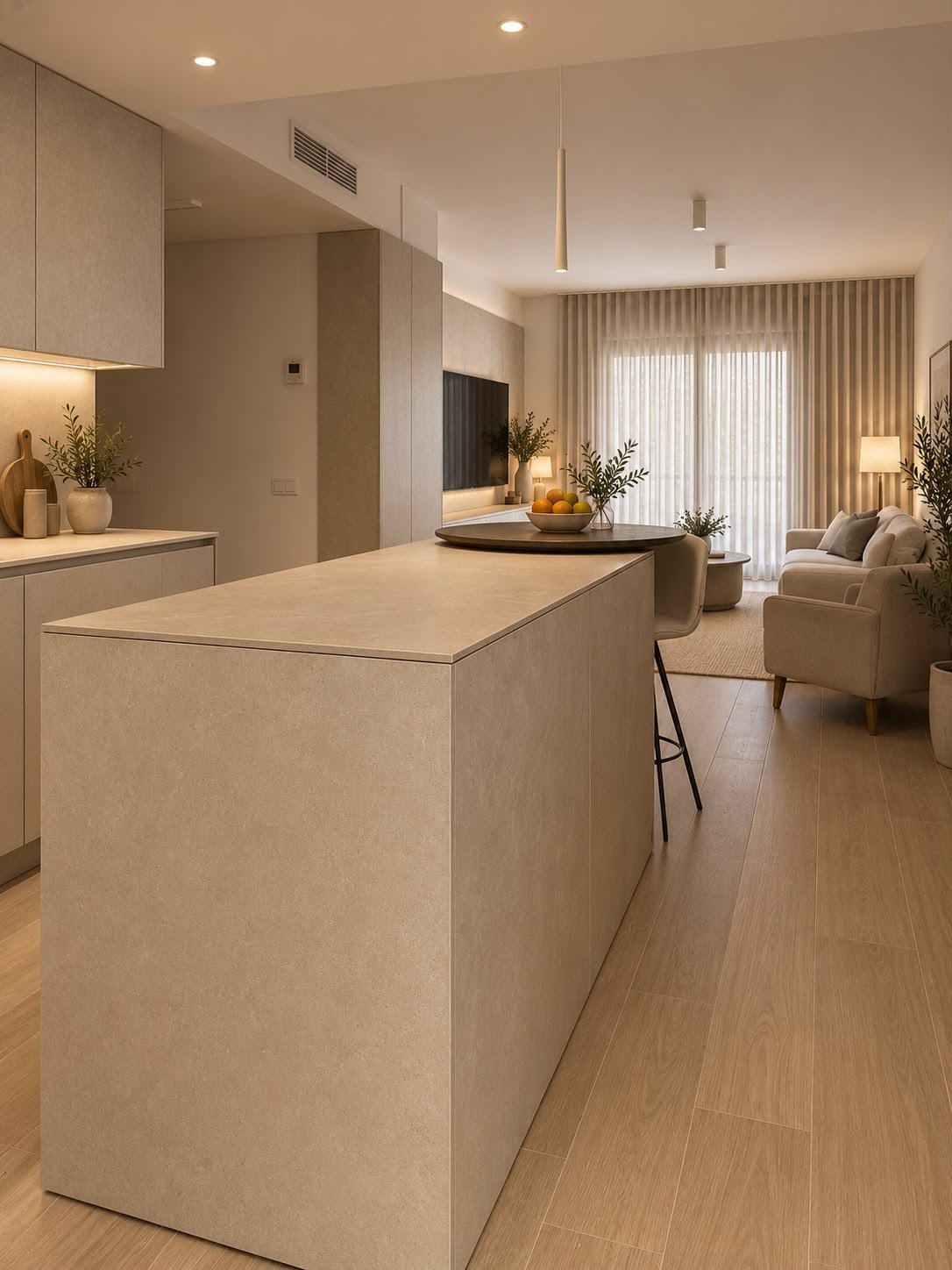 Cocina abierta al salón con isla alargada y encimera clara