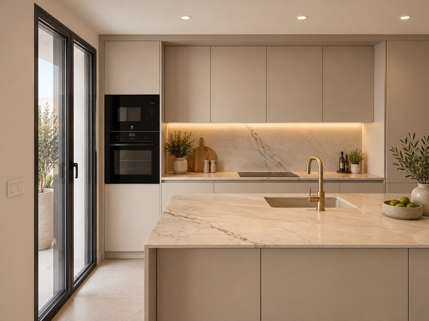 Cocina con isla de piedra natural, muebles claros y salida al exterior