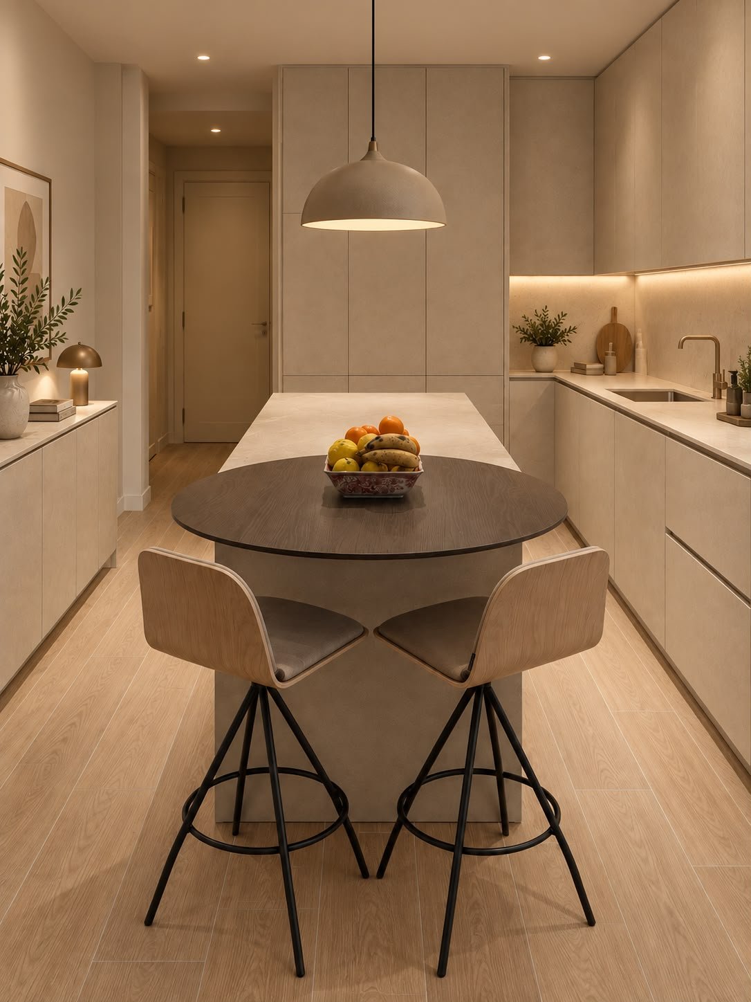 Cocina estrecha aprovechada con isla que funciona también como mesa