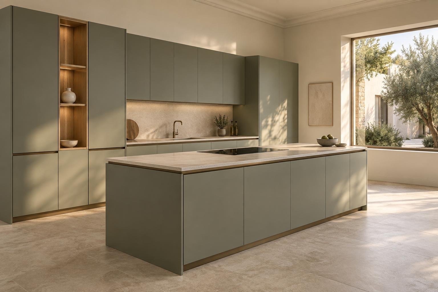 Cocina con isla amplia, frentes mate y luz natural