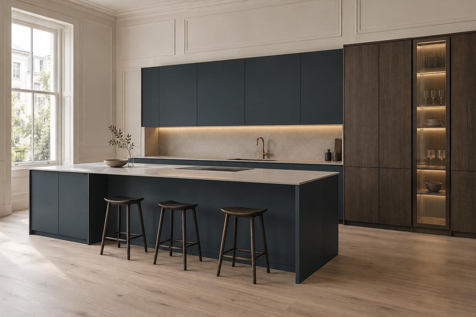 Cocina de tonos oscuros con isla y taburetes junto a la ventana