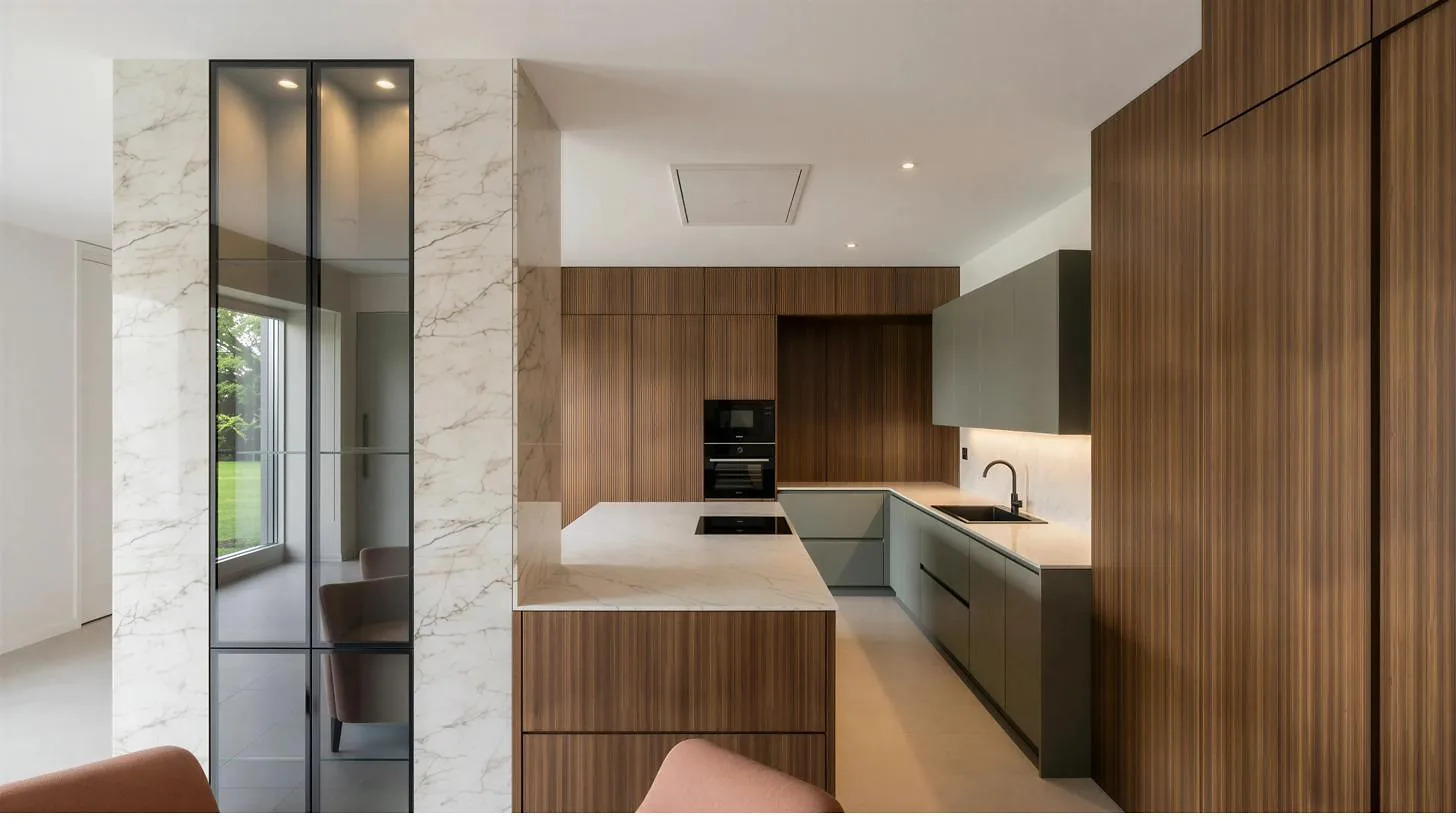 Render 3D de un proyecto de cocina a medida con isla, frentes de madera y columnas de almacenaje